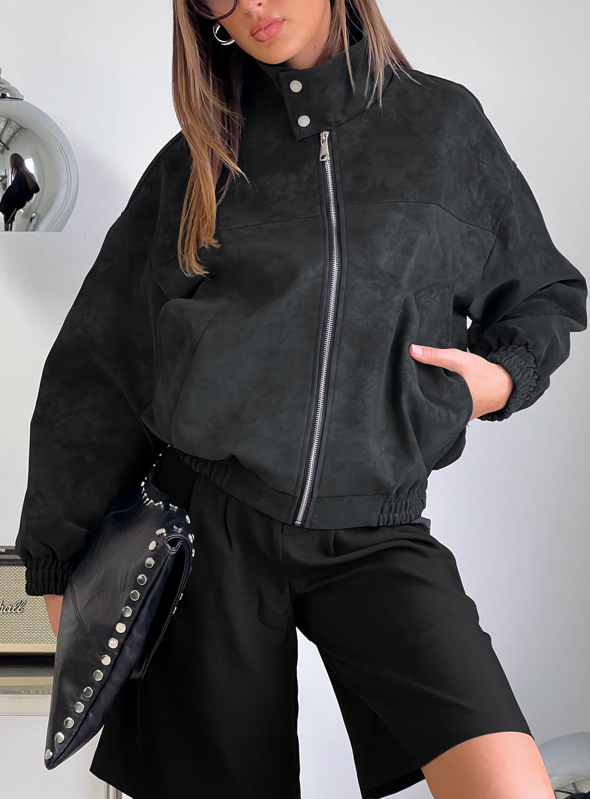 Chaqueta tipo bómber de ante sintético Ellissa, negra