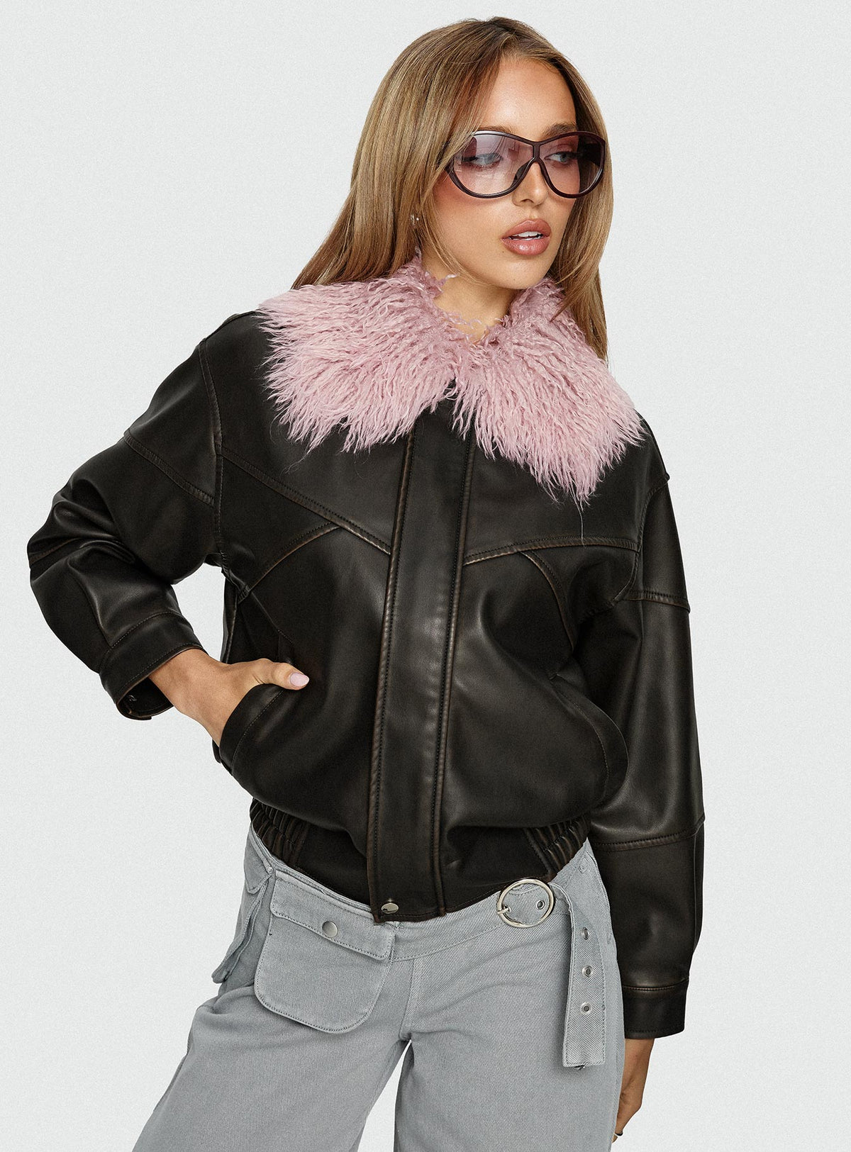 Chaqueta Brittanni con cuello mullido marrón / rosa