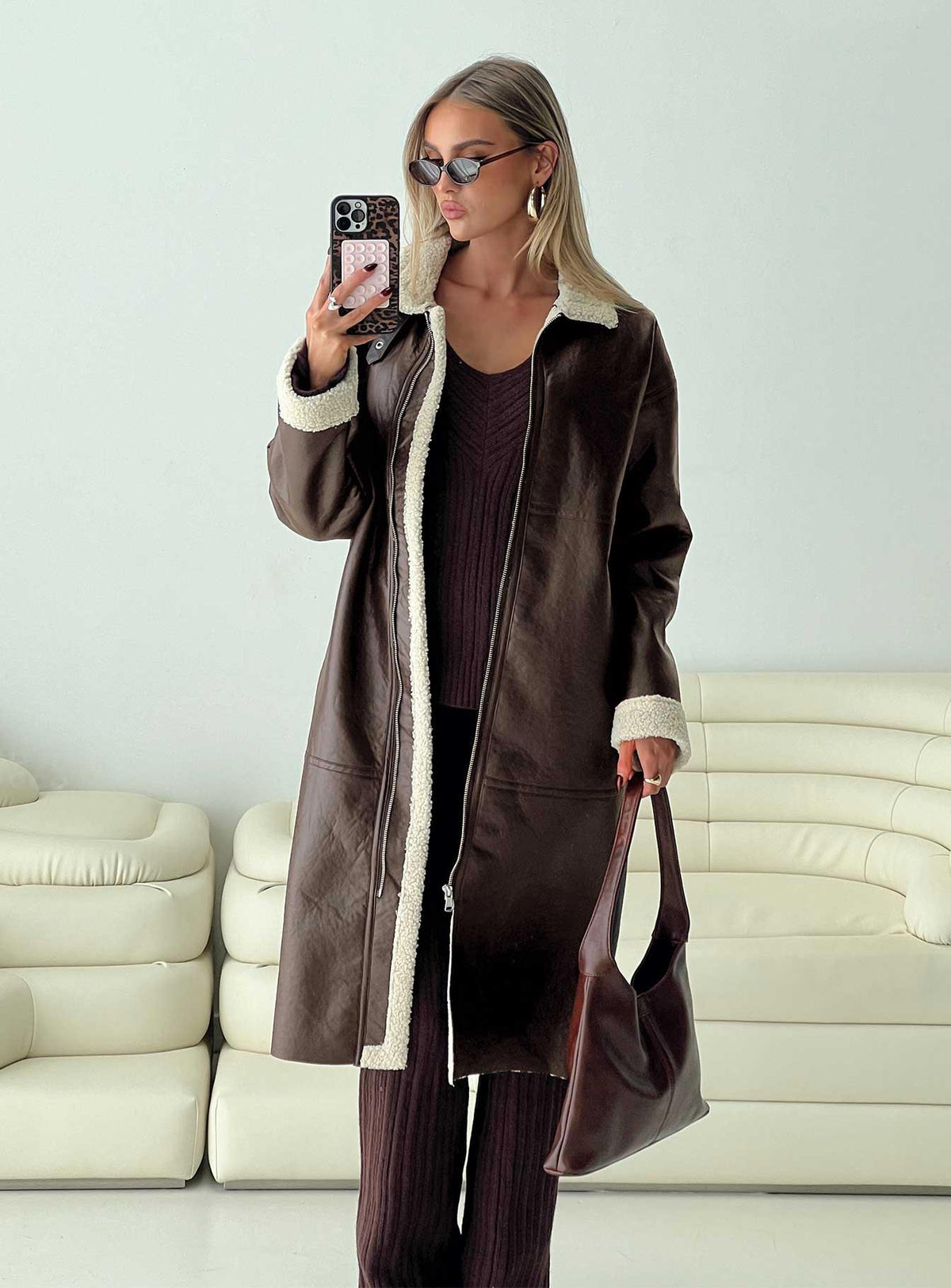Chaqueta larga de piel de oveja Ammelia marrón