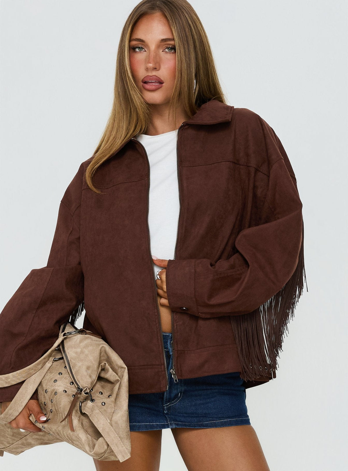 Chaqueta tipo bomber de ante sintético con borlas Goldsmith, color chocolate
