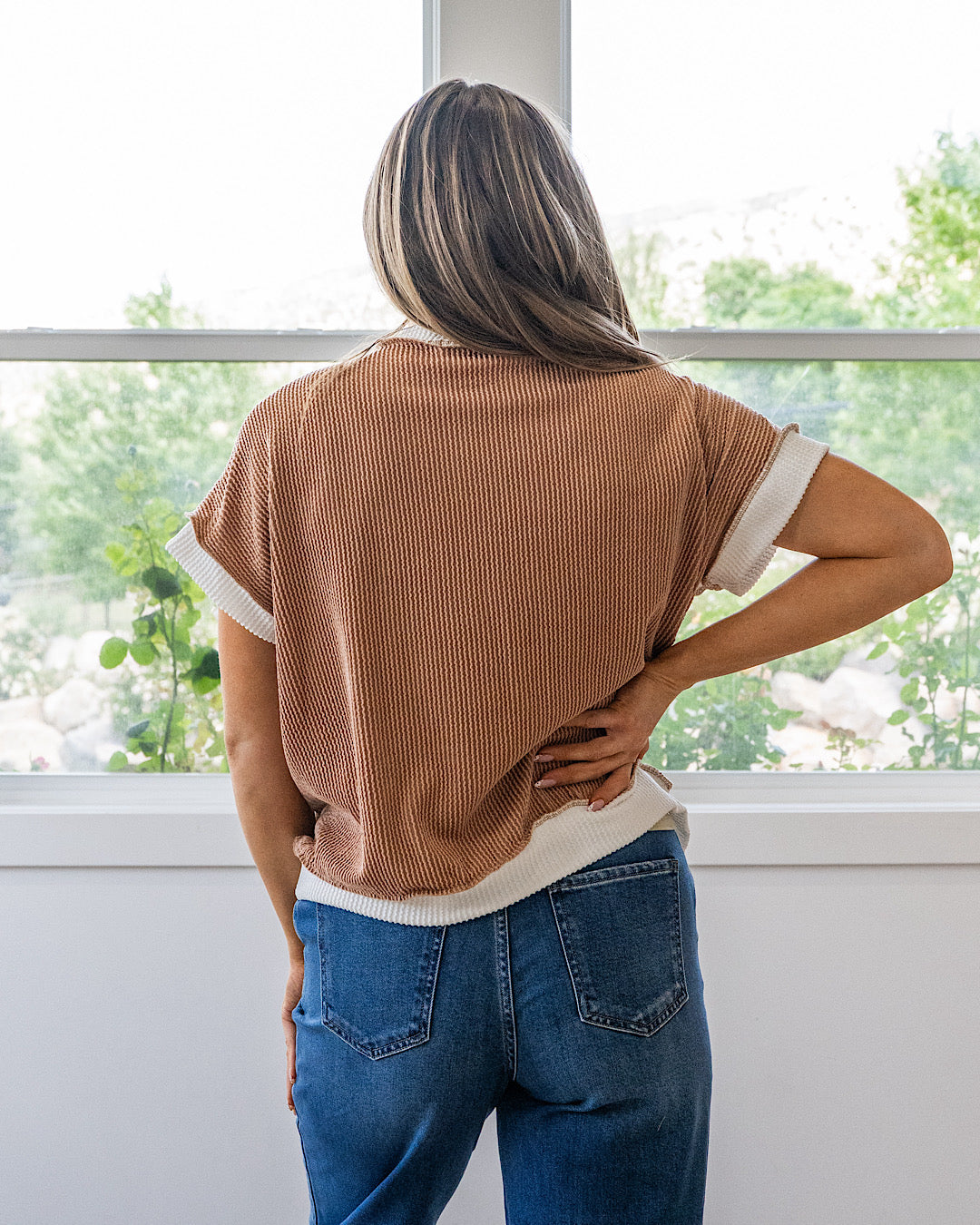 Top de pana con bloques de color y estampado vichy Harmony - Taupe