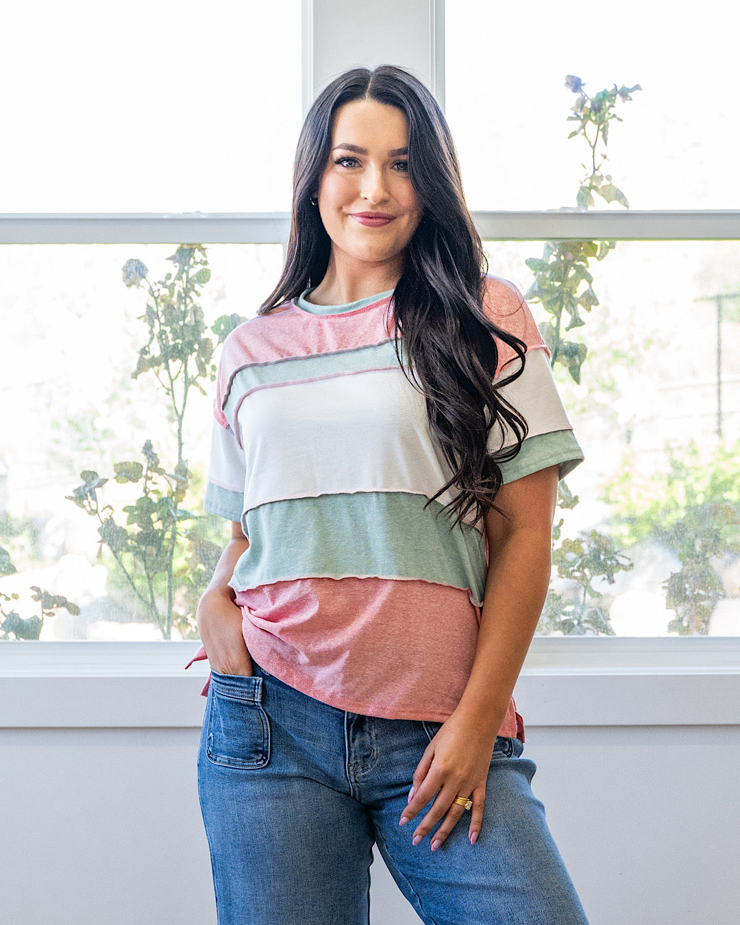Top Savannah con bloques de color - Coral y Salvia