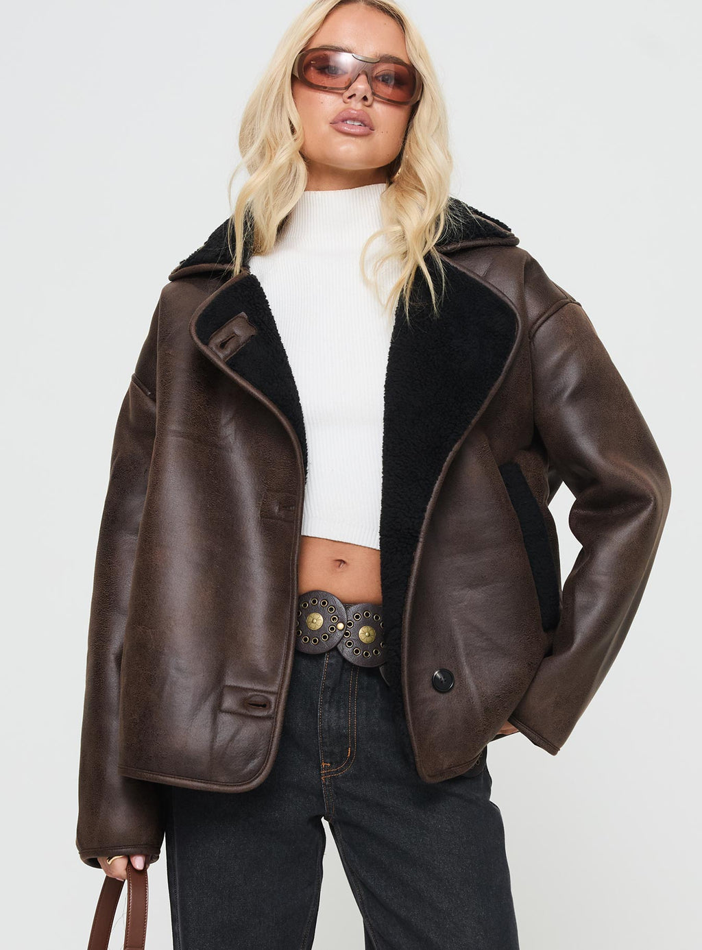 Chaqueta de piel sintética Nunez Marrón lavado / Negro