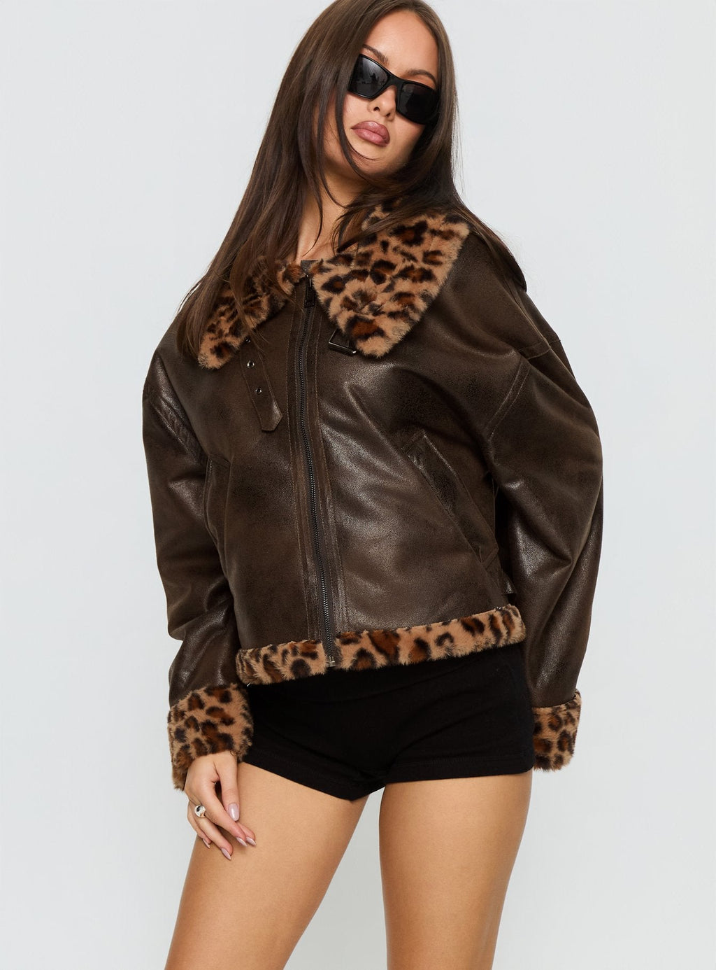 Chaqueta con ribete de piel sintética Brandyn Marrón / Leopardo