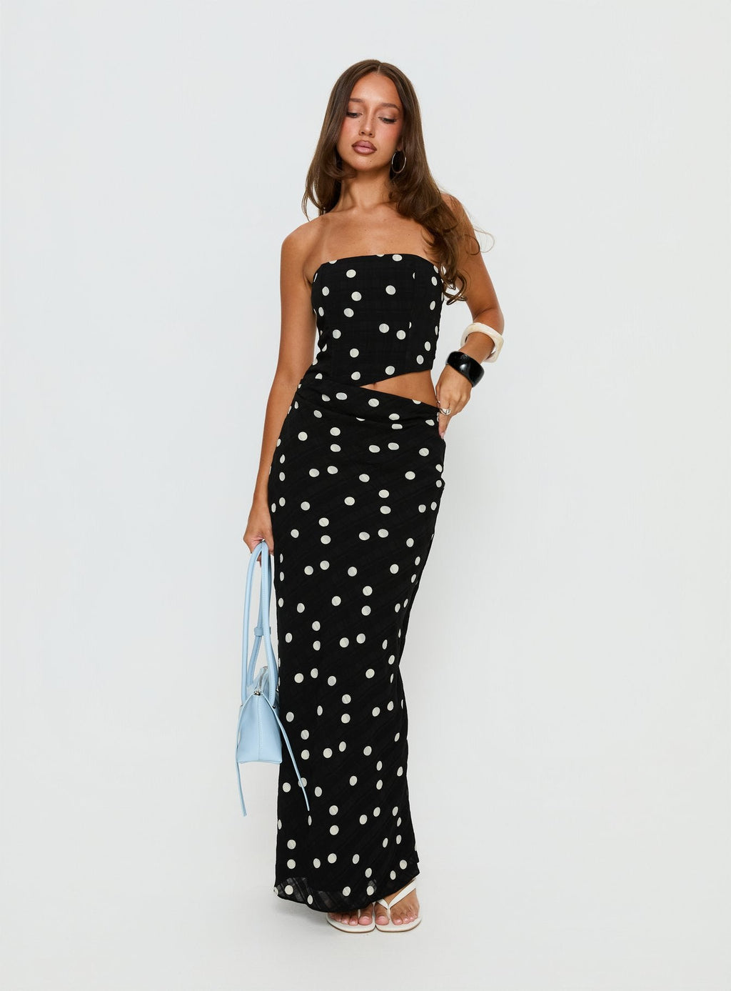 Vestido maxi drapeado sin tirantes Jasira lunares negros