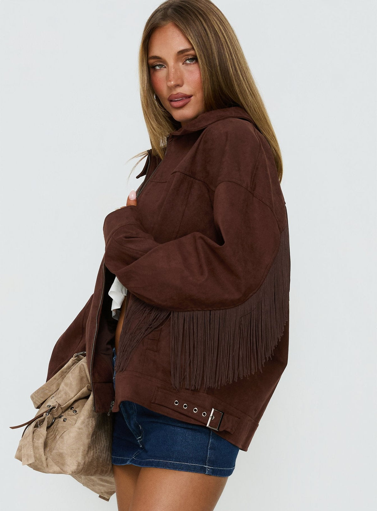 Chaqueta tipo bomber de ante sintético con borlas Goldsmith, color chocolate