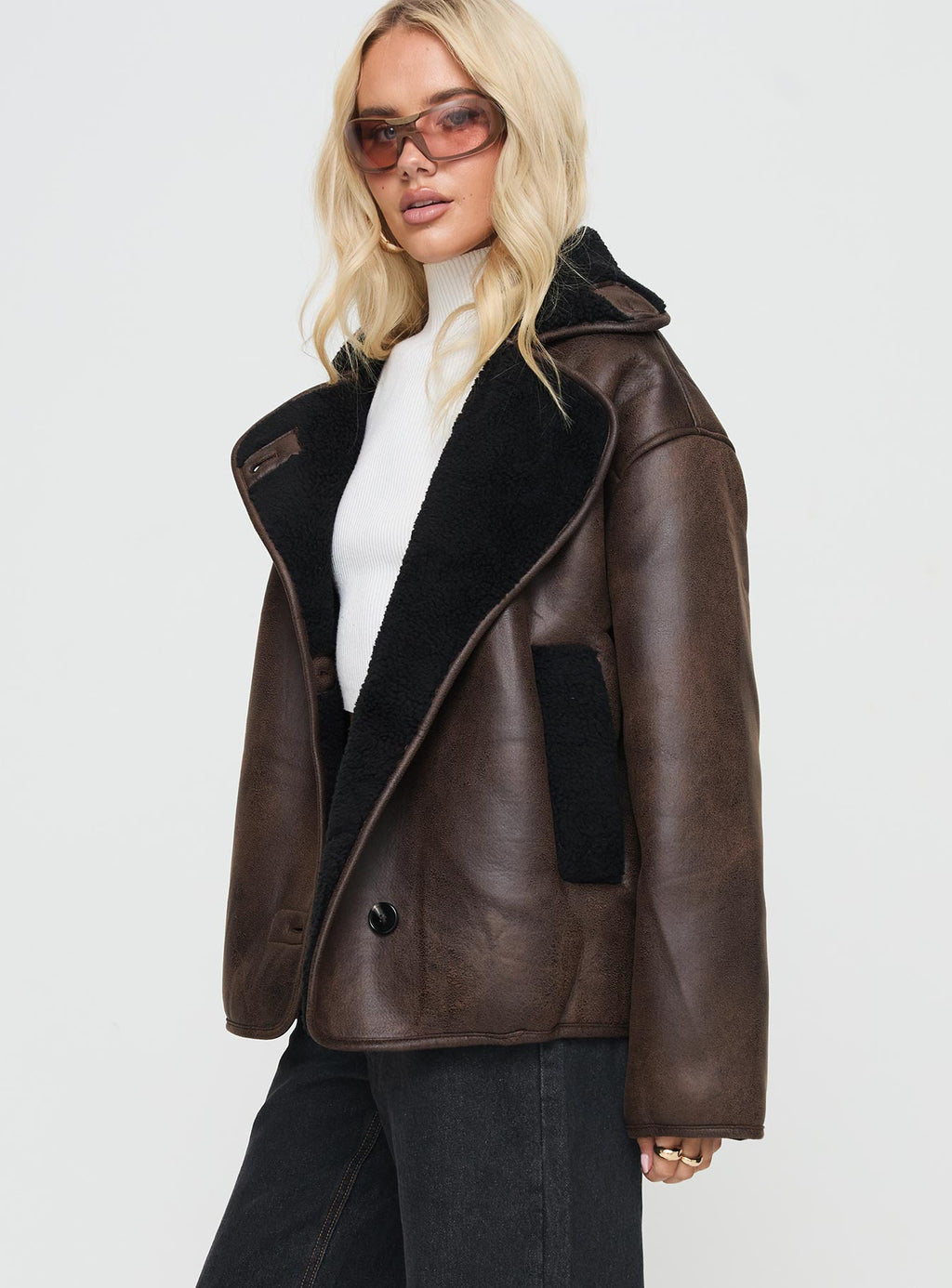 Chaqueta de piel sintética Nunez Marrón lavado / Negro