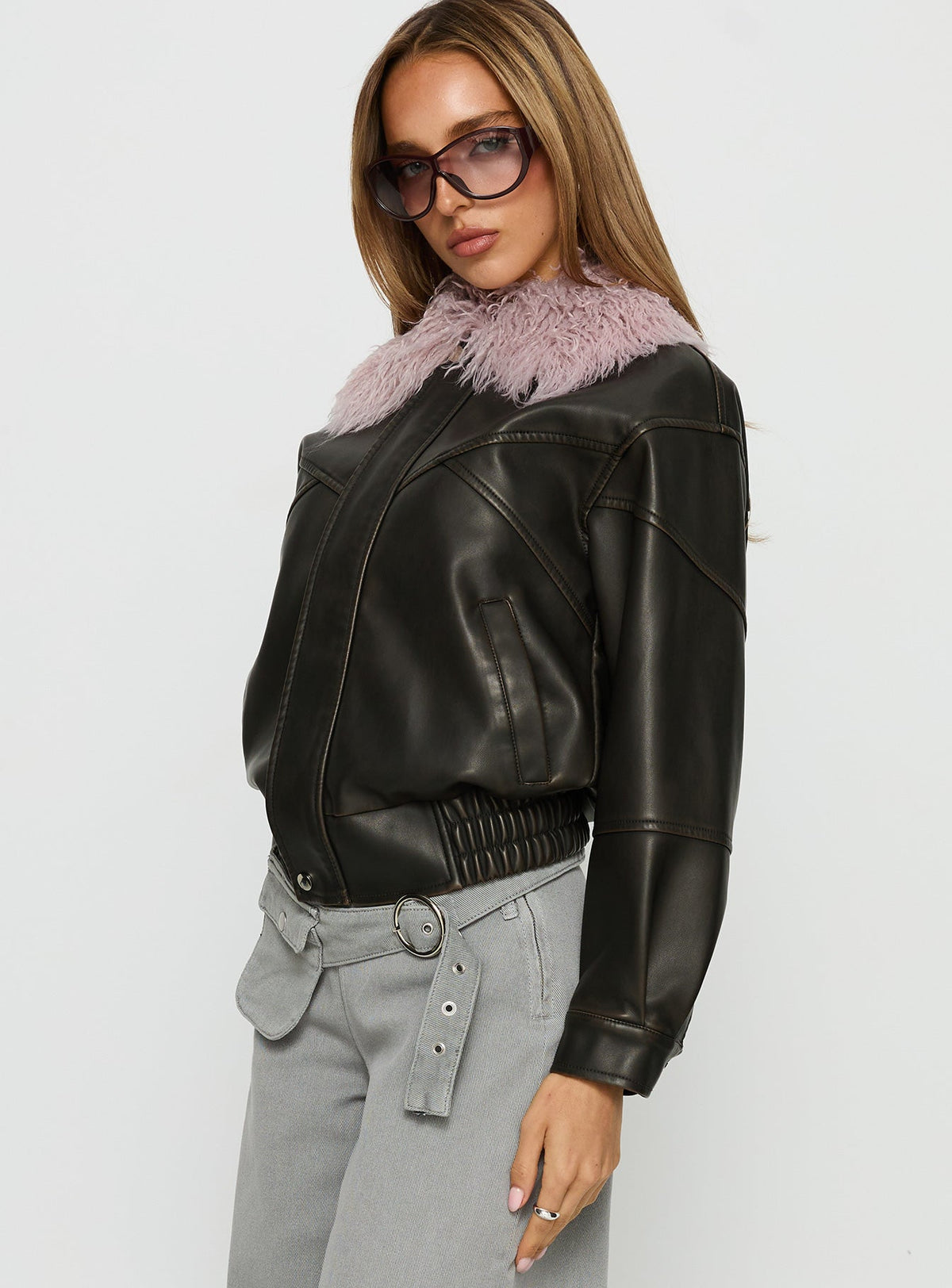 Chaqueta Brittanni con cuello mullido marrón / rosa
