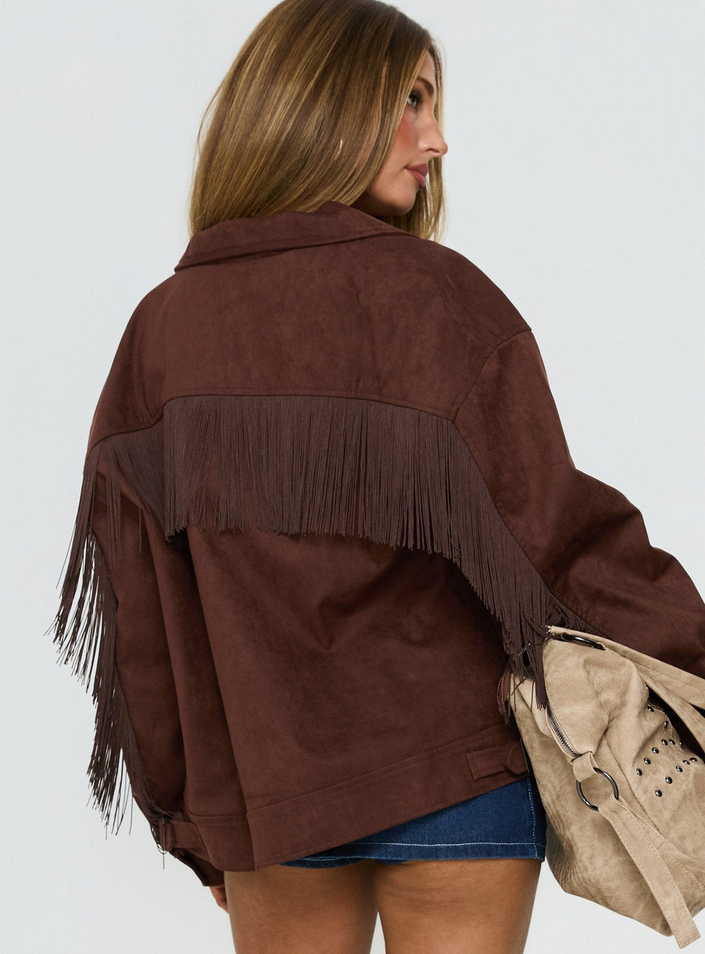 Chaqueta tipo bomber de ante sintético con borlas Goldsmith, color chocolate