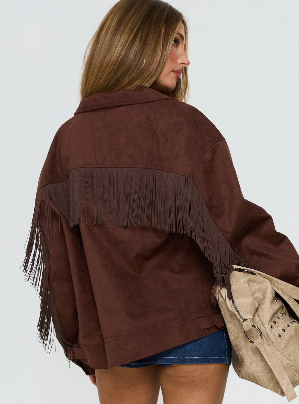 Chaqueta tipo bomber de ante sintético con borlas Goldsmith, color chocolate
