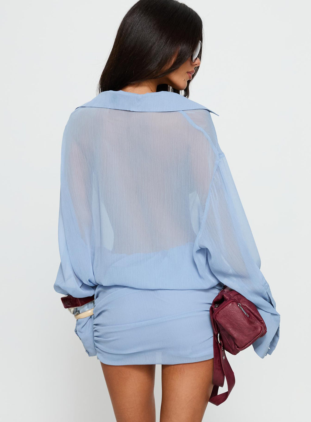 Vestido corto ablusado de manga larga transparente Moonrising azul