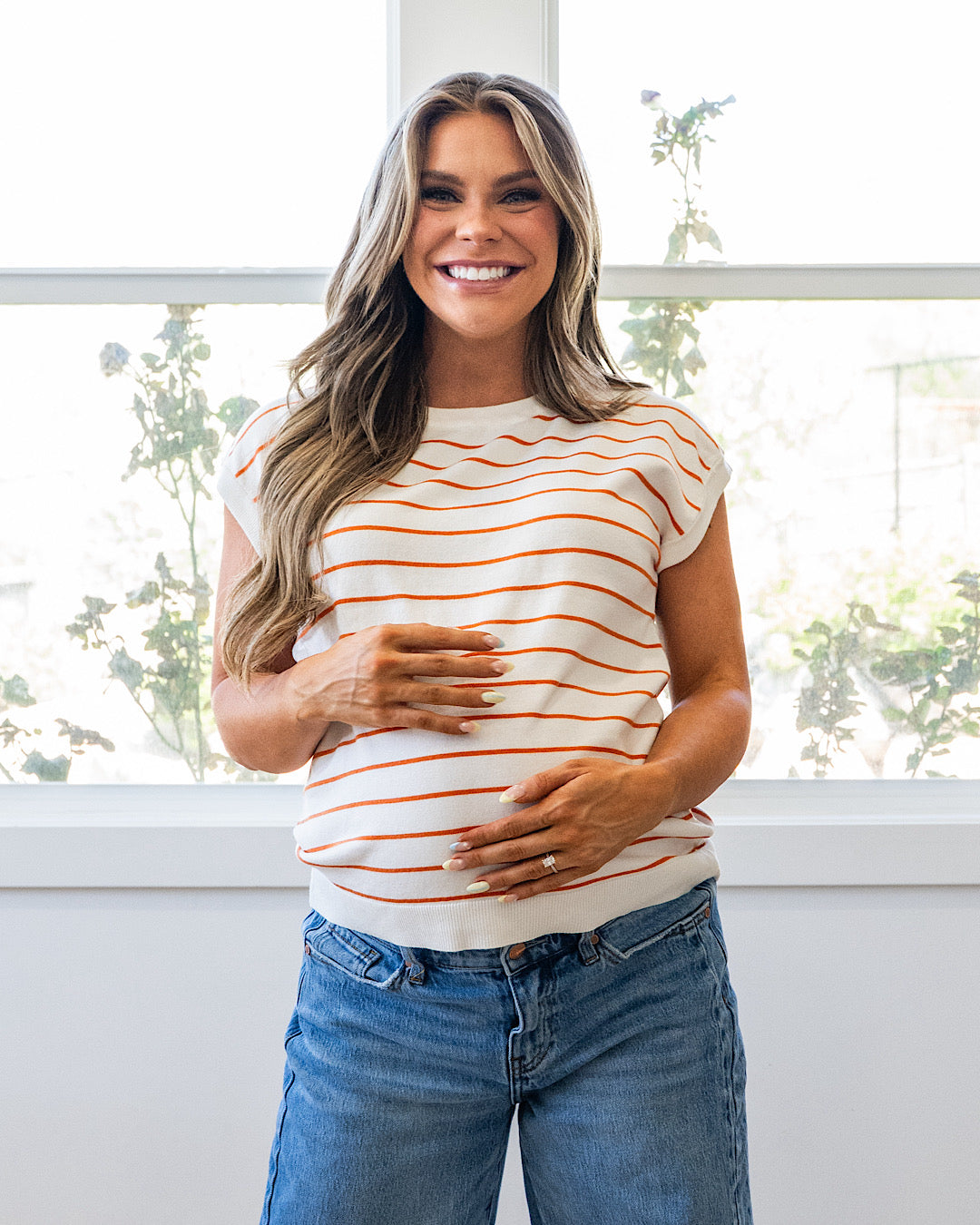 Suéter de manga corta a rayas Allie - Marfil y verde