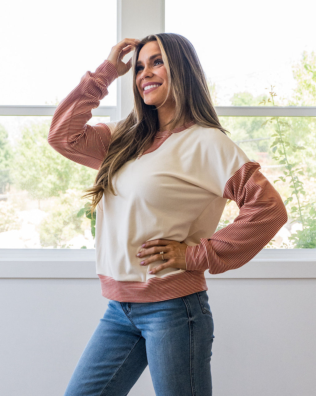 ¡NUEVO! Blusa de manga a rayas Danielle de tela cepillada - Óxido