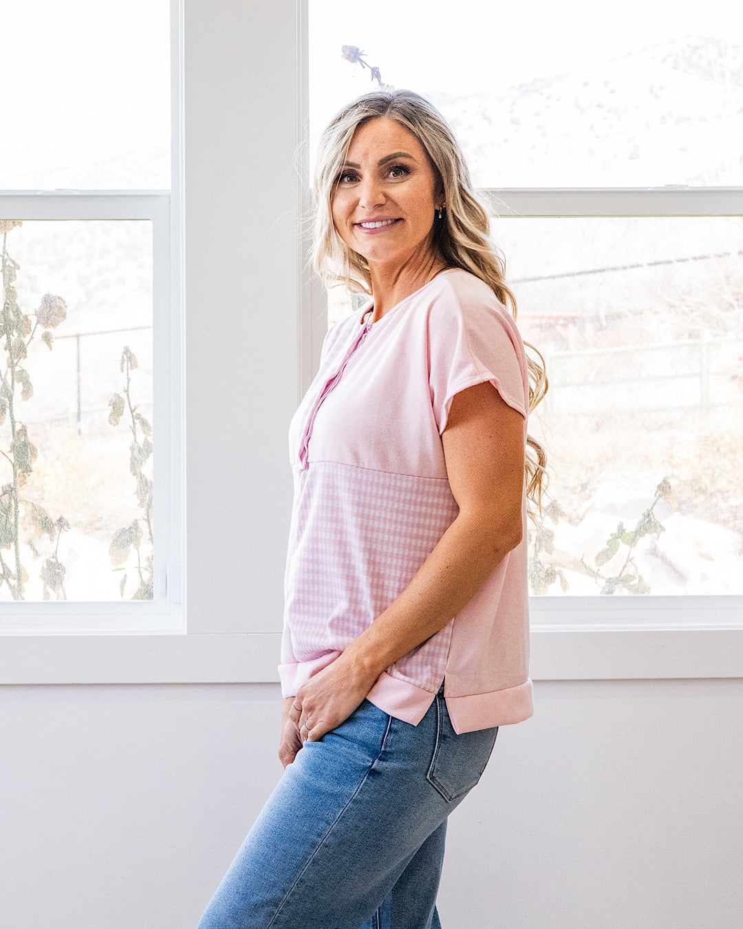 Blusa Henley de cuadros vichy con bloques de color Kayla - Rosa VENTA FINAL