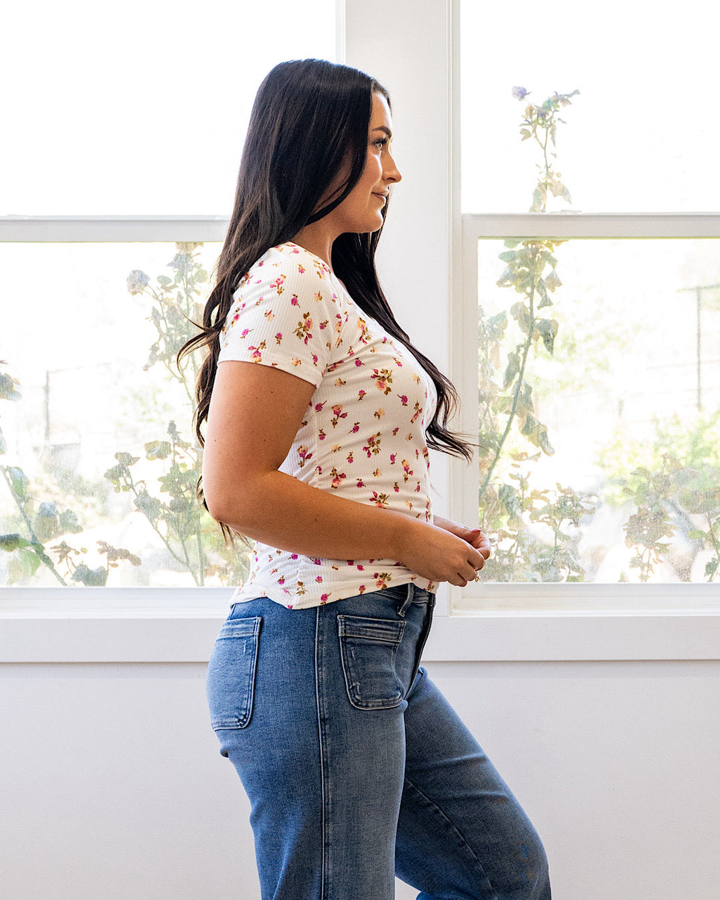 Top de canalé con estampado floral Reagan - Marfil y rosa