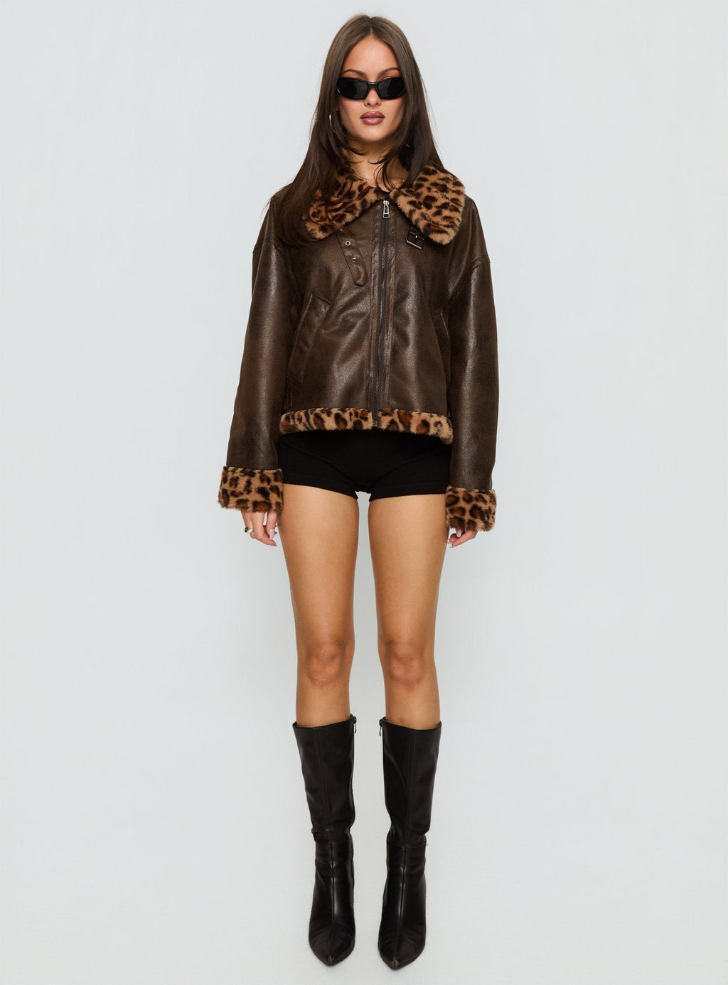 Chaqueta con ribete de piel sintética Brandyn Marrón / Leopardo