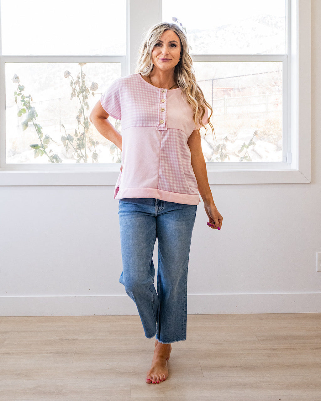 Blusa Henley de cuadros vichy con bloques de color Kayla - Rosa VENTA FINAL