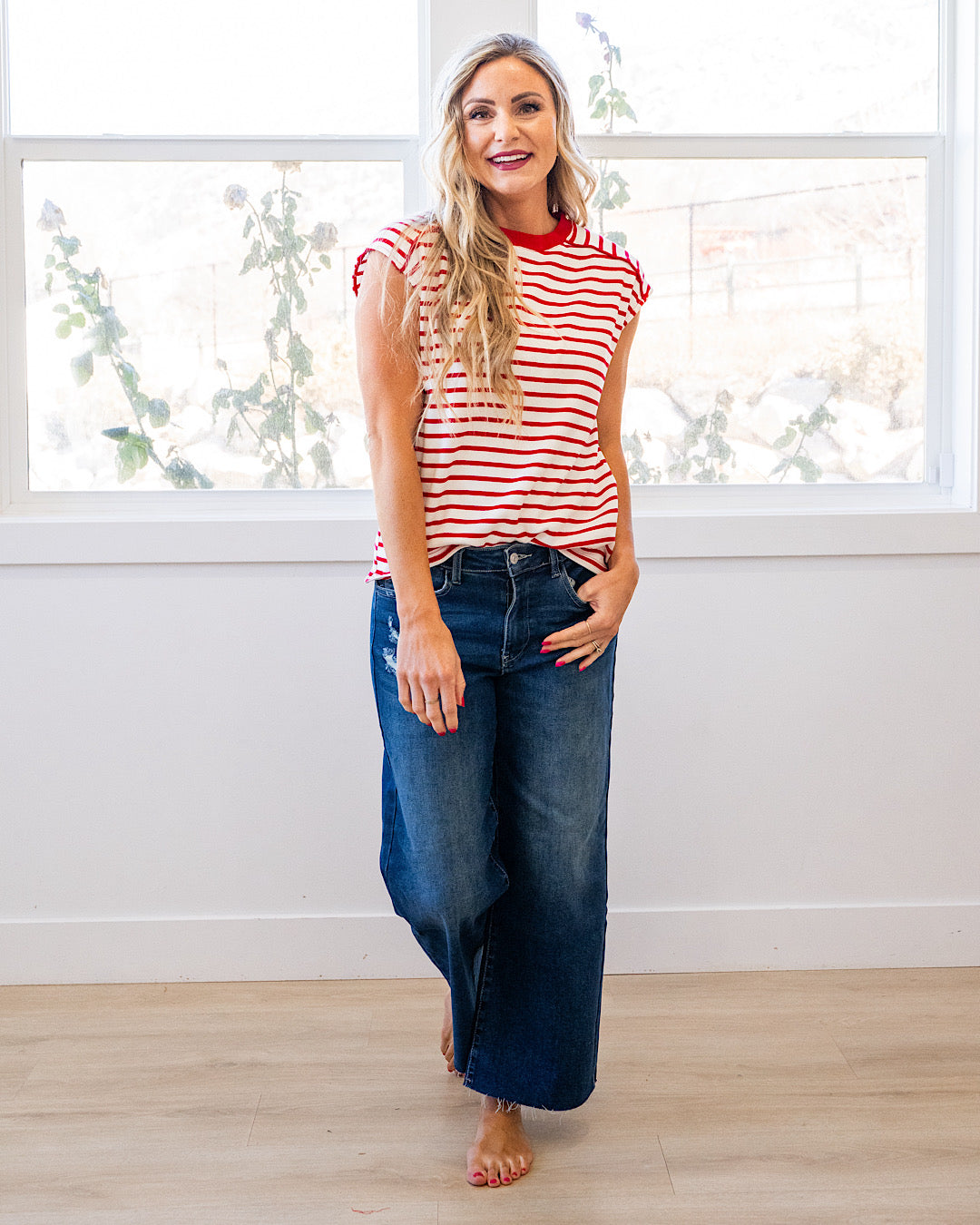 Top a rayas con manga corta Adalyn - Rojo
