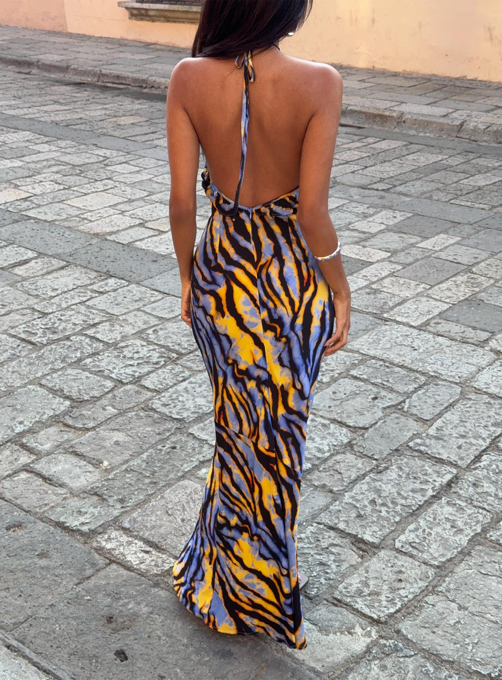Vestido largo sin espalda Virginia Beach Azul Cebra