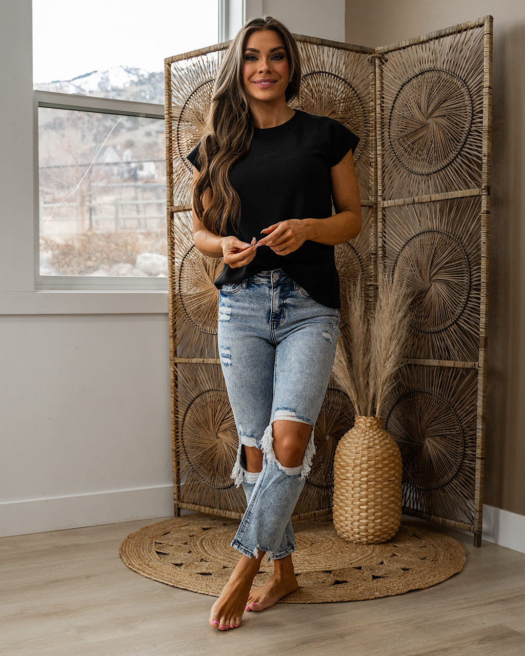 Top de punto de manga corta Justina Cloud - Negro