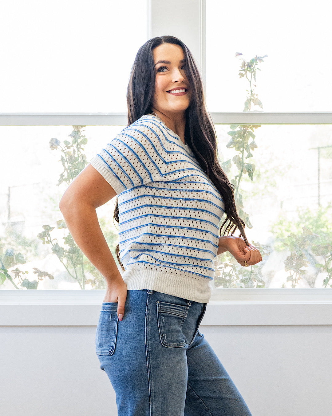 Top de suéter de punto abierto a rayas Kaitlyn - Azul VENTA FINAL