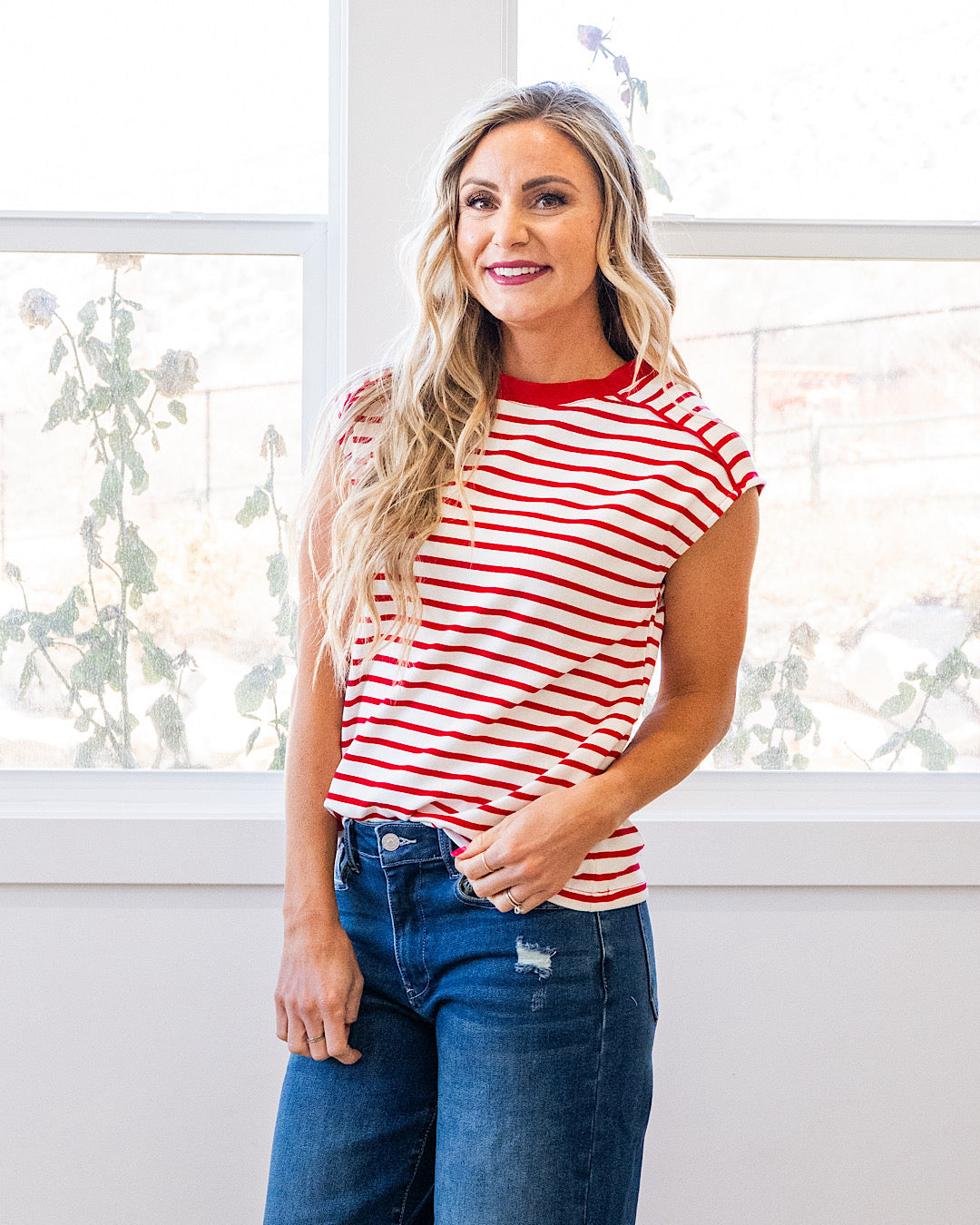 Top a rayas con manga corta Adalyn - Rojo