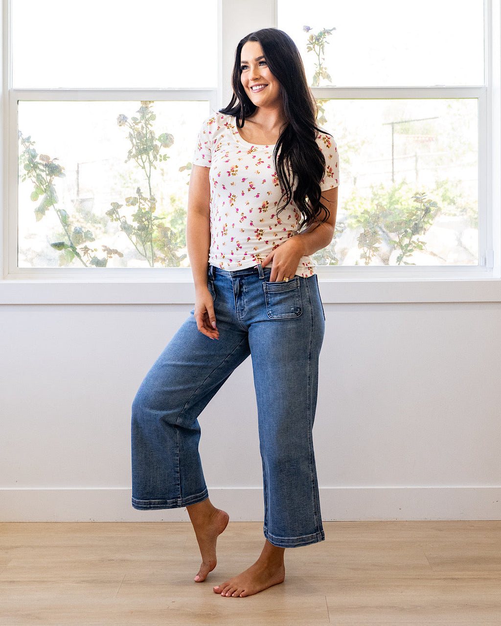 Top de canalé con estampado floral Reagan - Marfil y rosa