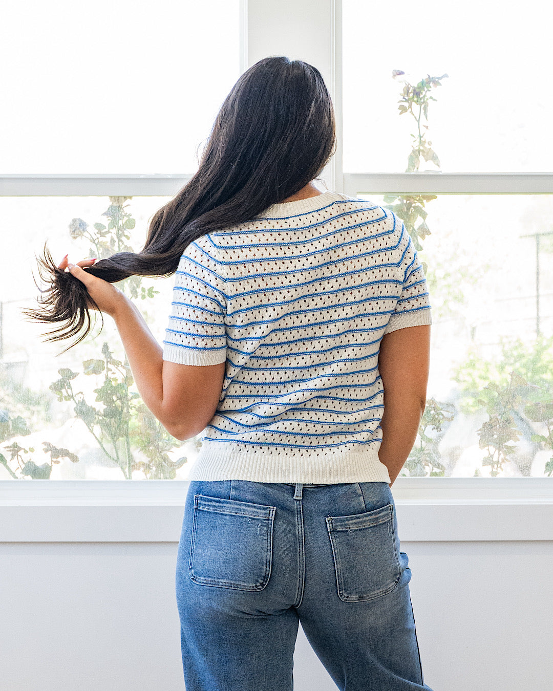 Top de suéter de punto abierto a rayas Kaitlyn - Azul VENTA FINAL
