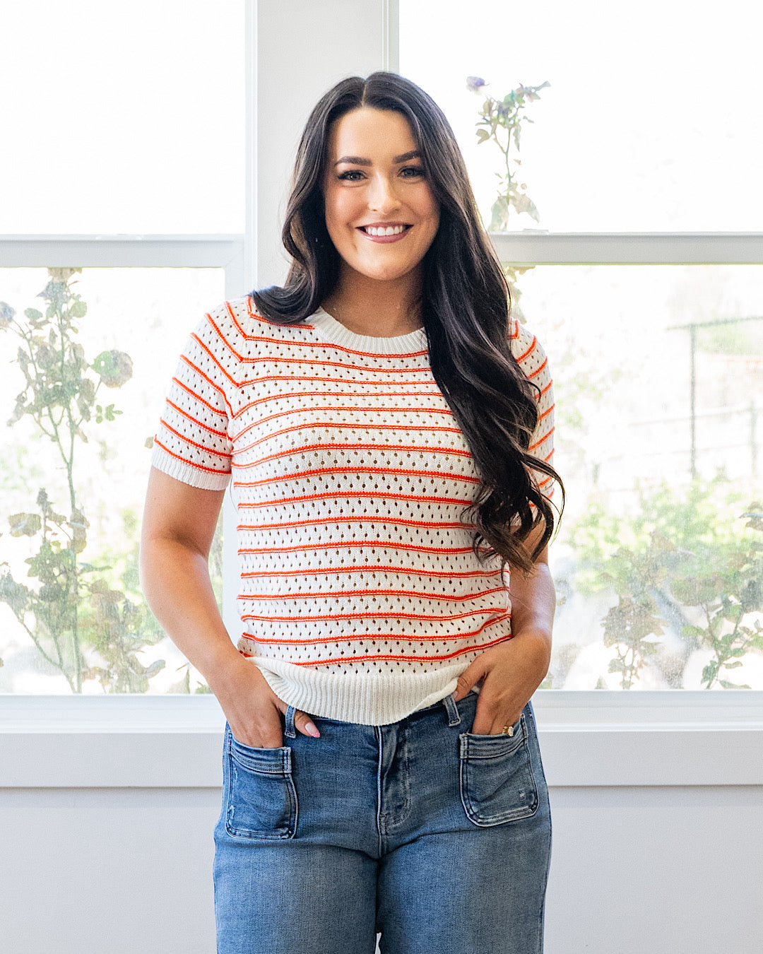 Top de suéter a rayas de tejido abierto Kaitlyn - Naranja VENTA FINAL