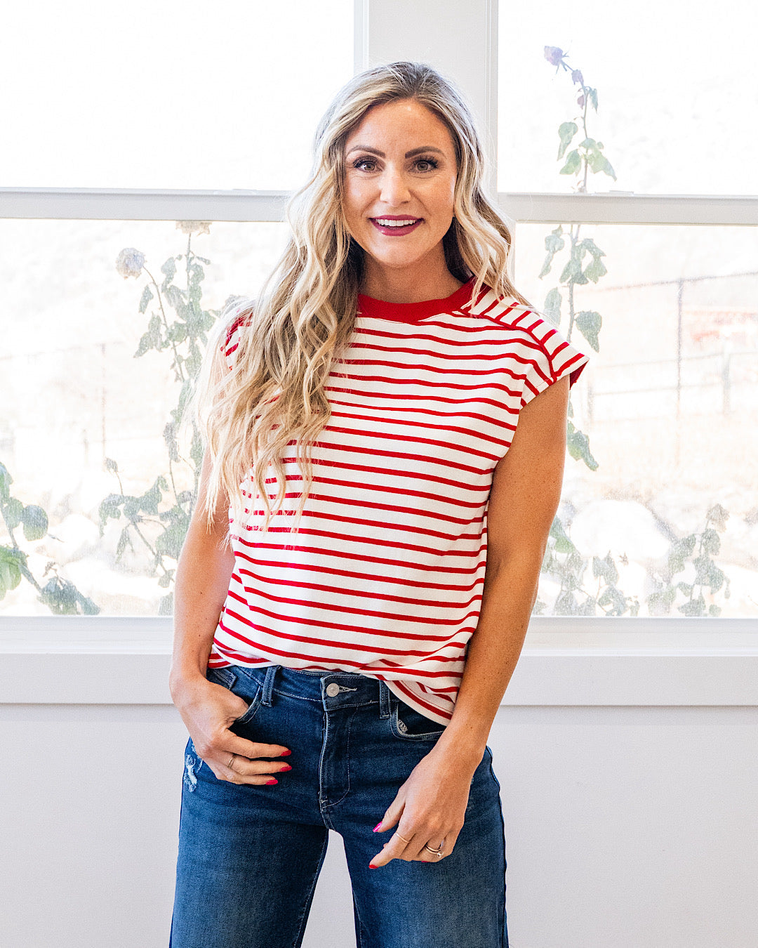 Top a rayas con manga corta Adalyn - Rojo