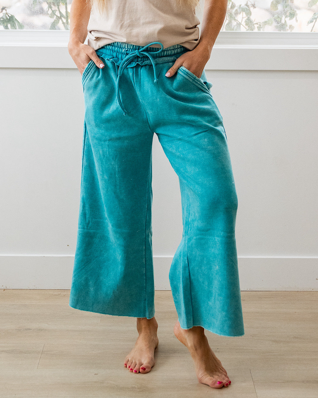 Pantalones anchos y cortos cómodos - Verde azulado claro