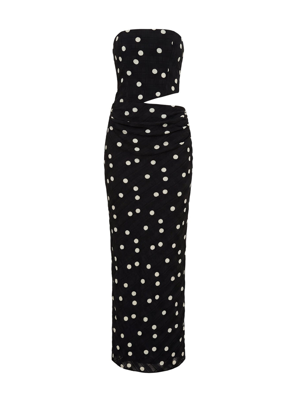 Vestido maxi drapeado sin tirantes Jasira lunares negros