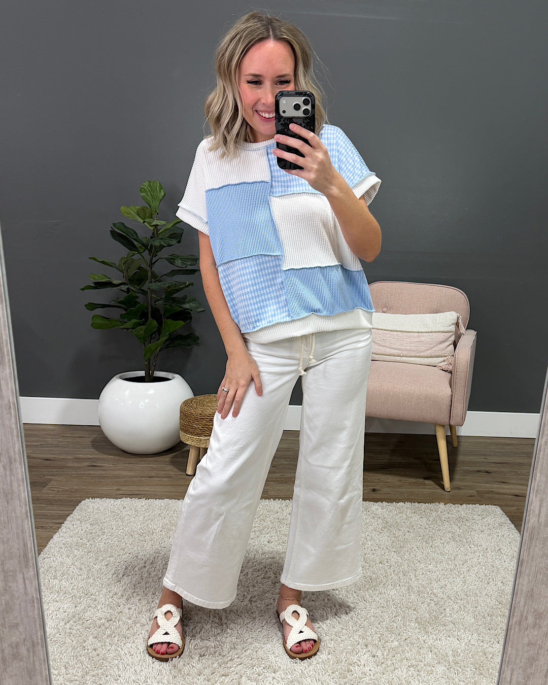 Top de pana Harmony con bloques de color y estampado vichy - Azul claro VENTA FINAL